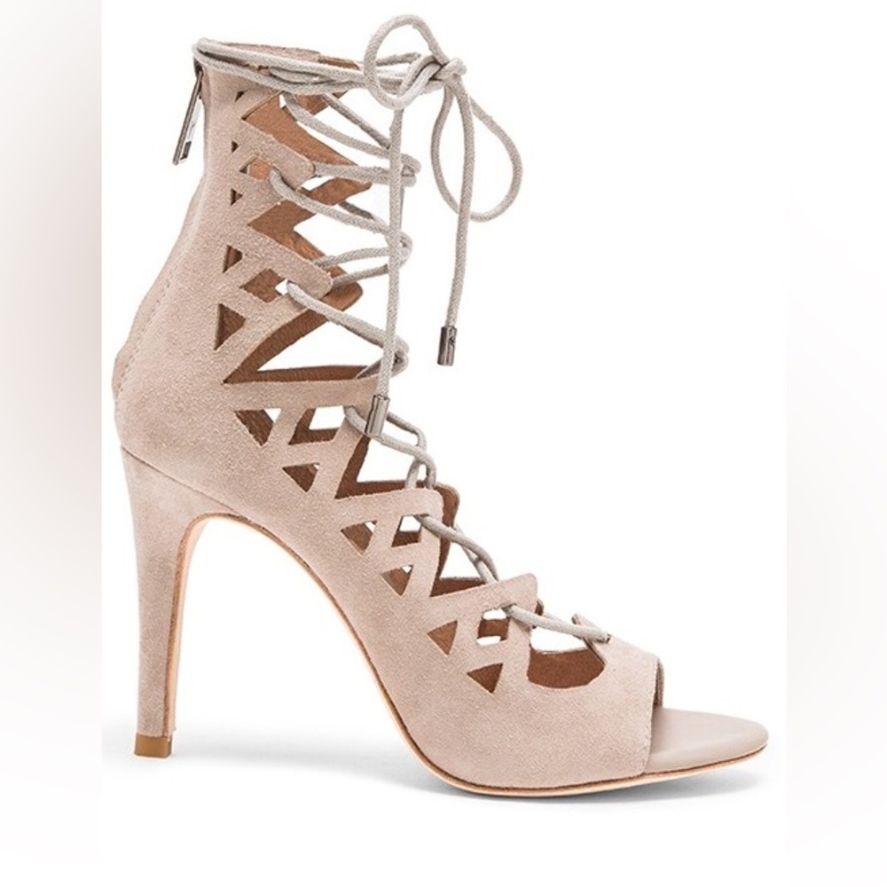Joie Quinn Lace Up Suede Heels 39.5 Nude Strappy Cage Sandals Wedding Event